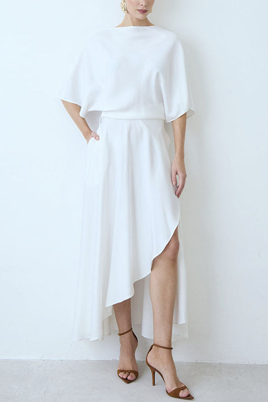 Modern and Elegant Satin Half Wide Sleeve Wrap Style Pocket Slit Loose Maxi Dress