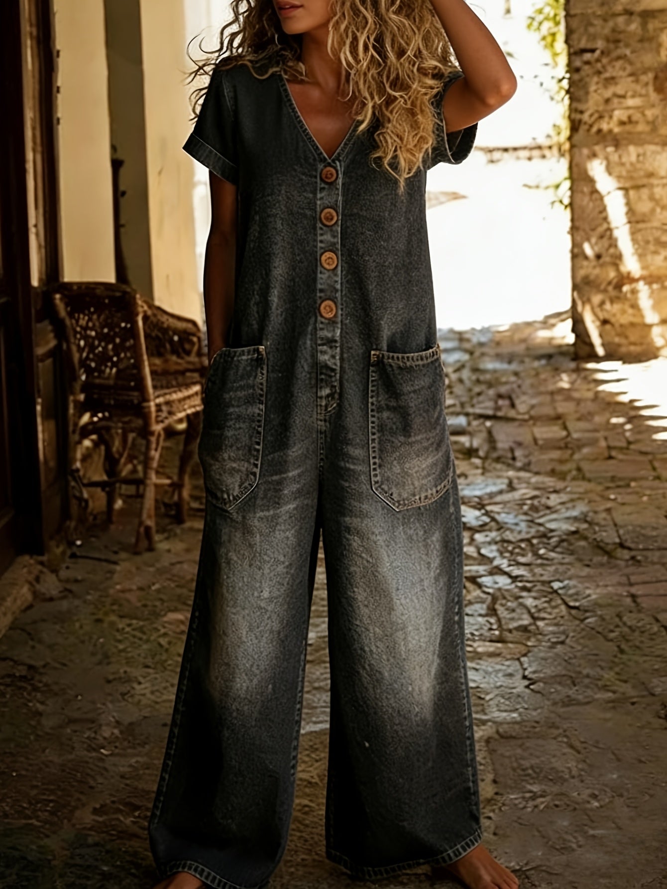 Karen | Retro Button Down Denim Jumpsuit