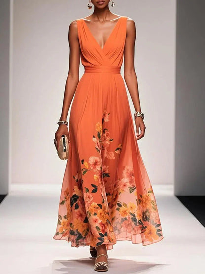 Rose | Light Blue Floral Chiffon V-Neck Maxi Dress