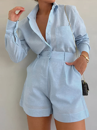Lila | Cotton and Linen Long Sleeve Shorts Set
