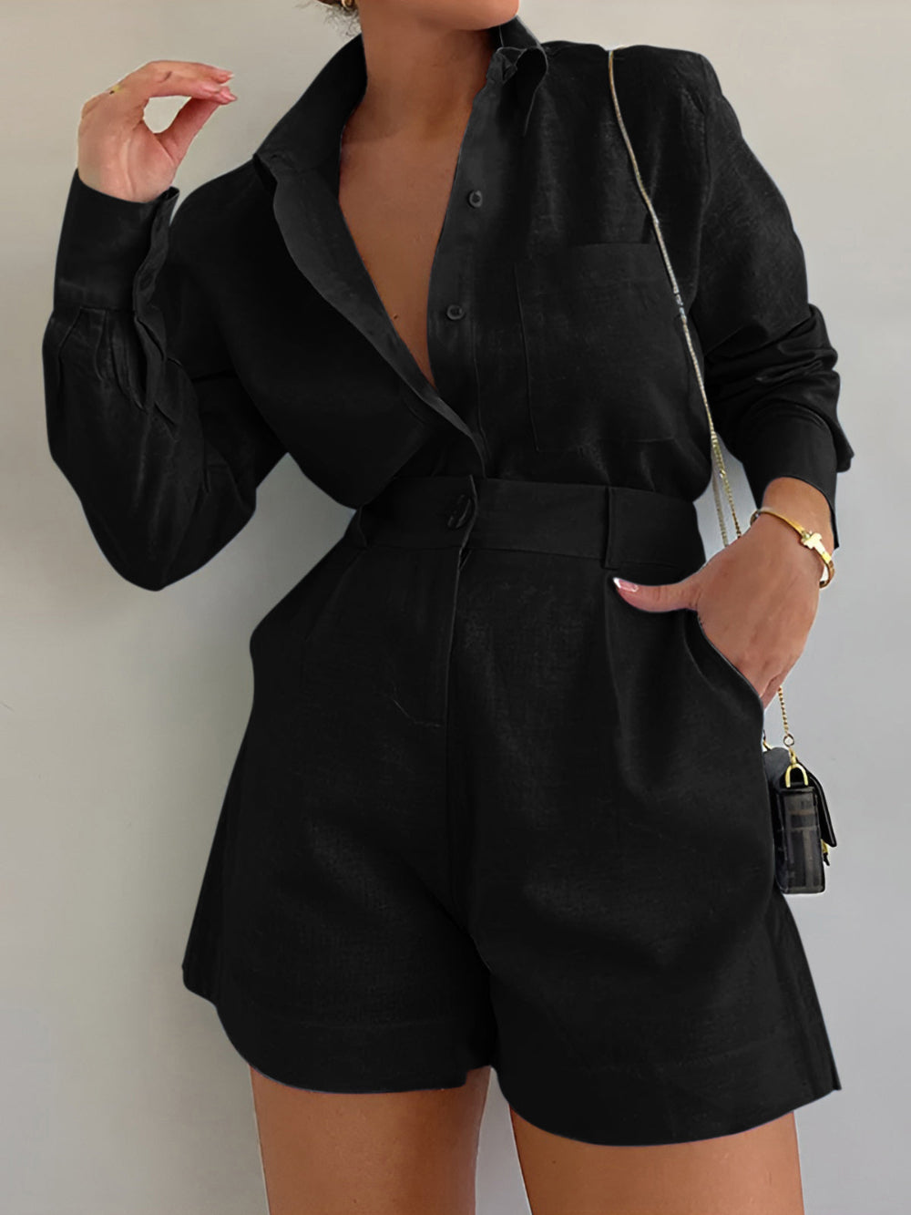 Lila | Cotton and Linen Long Sleeve Shorts Set