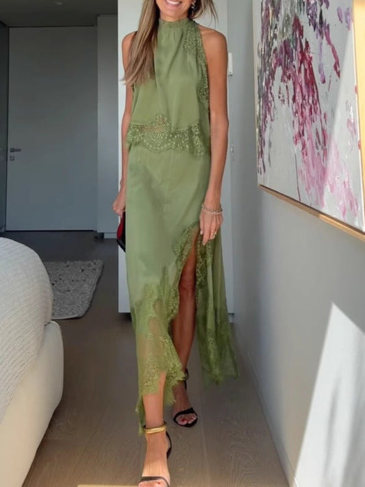 Isabella | Lace Pleated Top + Irregular Slit Skirt Set