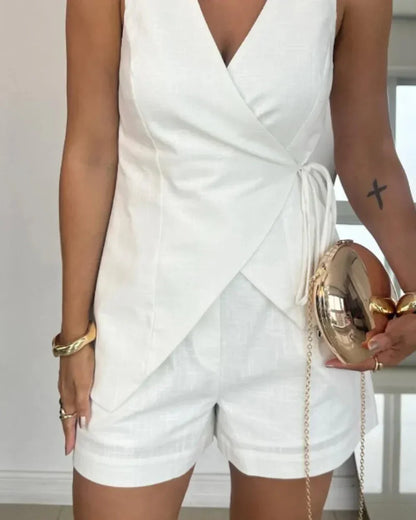 Lila | Linen V-neck Top and Shorts Set