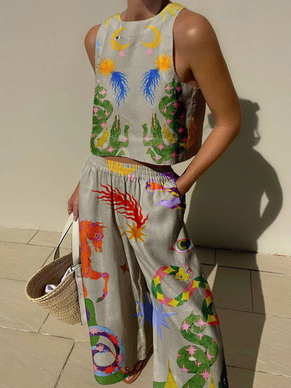 Isabella | Print Tank and Pocketed Trousers Set