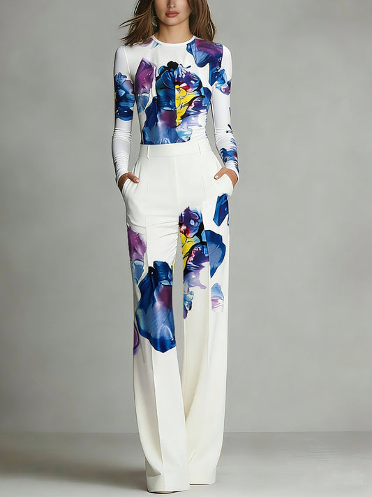 Sienna | Colour-Blocked Crew Neck Top and Trousers Set