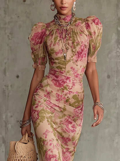Joy | Vintage Rose Print Puff Sleeve Maxi Dress