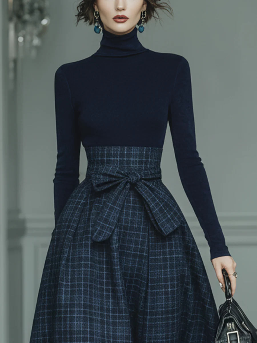 Lila | Turtleneck Stretch Top & Plaid Skirt Set