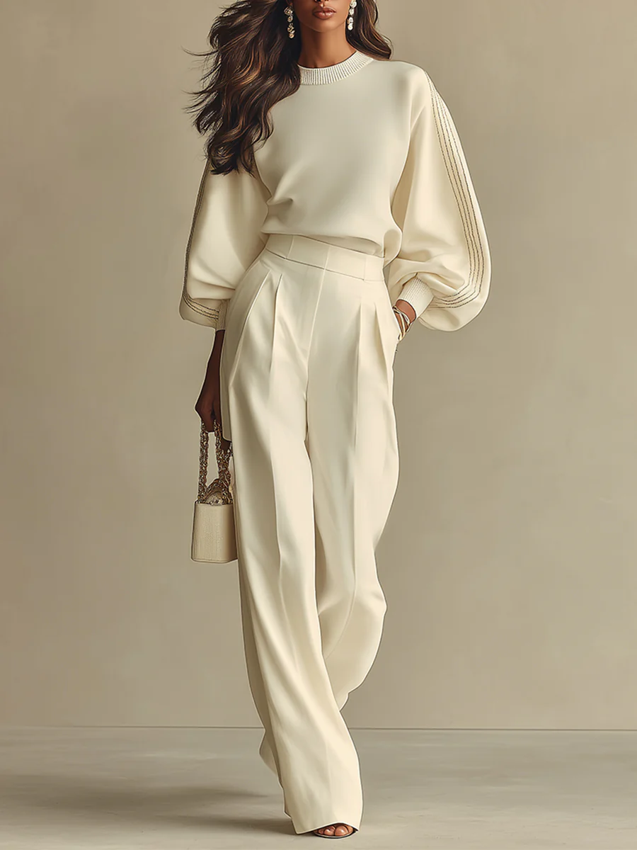 Sophie | Ribbed Crew Neck Top and High-waisted Wide-leg Trousers Suit