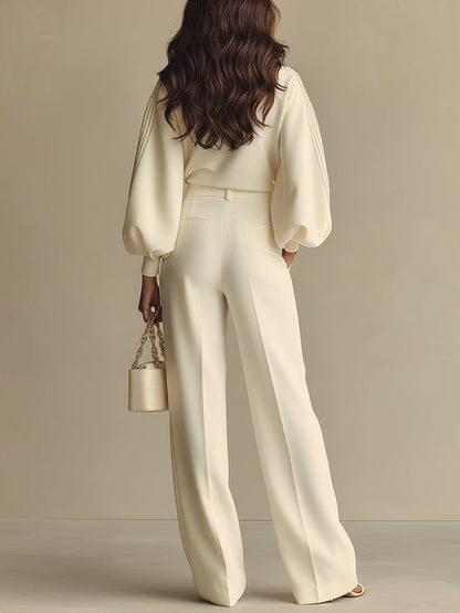 Sophie | Ribbed Crew Neck Top and High-waisted Wide-leg Trousers Suit