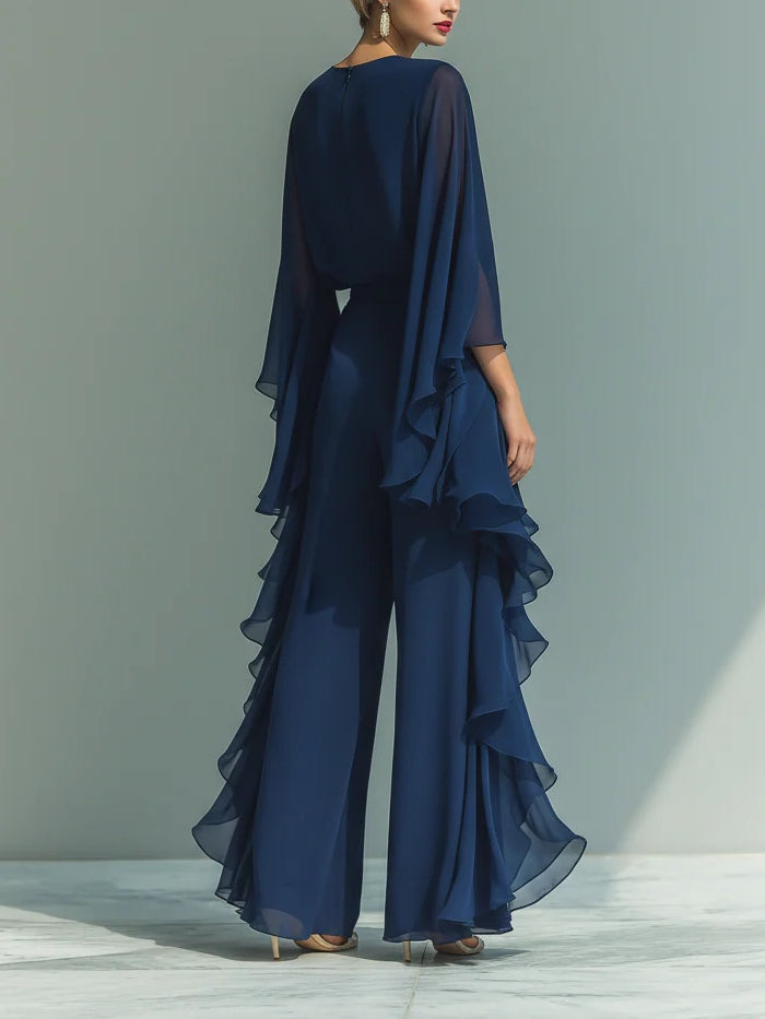 Nina | Chiffon Bell-Sleeve Top and Ruffled Trousers Set