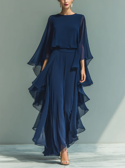Nina | Chiffon Bell-Sleeve Top and Ruffled Trousers Set