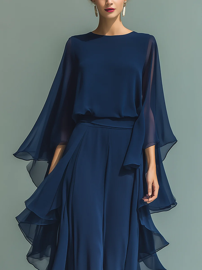 Nina | Chiffon Bell-Sleeve Top and Ruffled Trousers Set