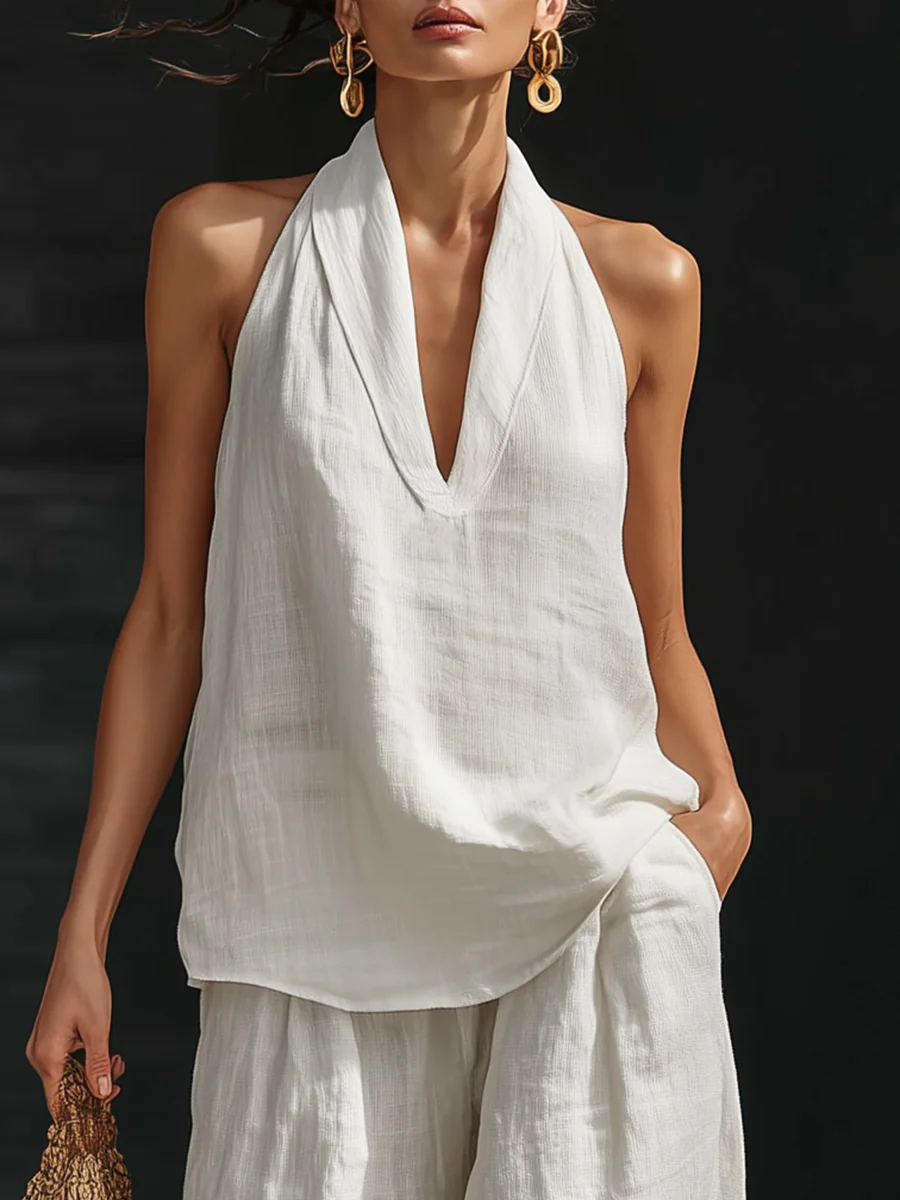 Lila | V-neck Sleeveless Top and Wide-leg Trousers Set