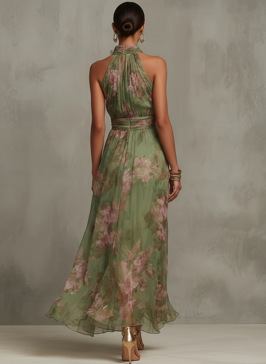 Florine™ | Green Maxi Dress with Floral Print