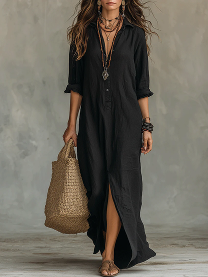 Soline™ | Loose-Fitting Green Maxi Dress with Buttons