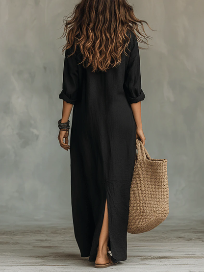 Soline™ | Loose-Fitting Green Maxi Dress with Buttons