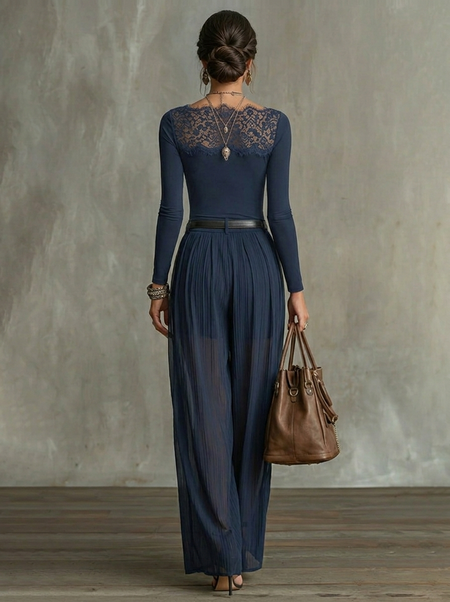 Serena | Lace-Panel Top & Sheer Wide-Leg Trousers Set