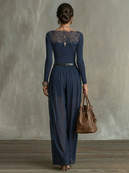 Serena | Lace-Panel Top & Sheer Wide-Leg Trousers Set