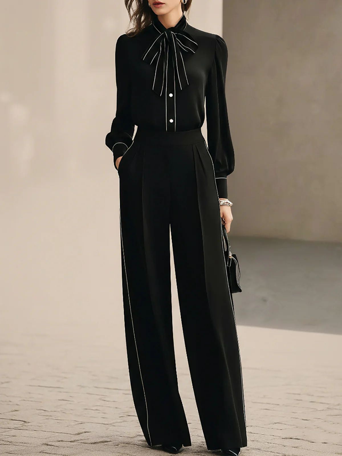 Bianca | Bow-tie Blouse and Wide-leg Trousers Set