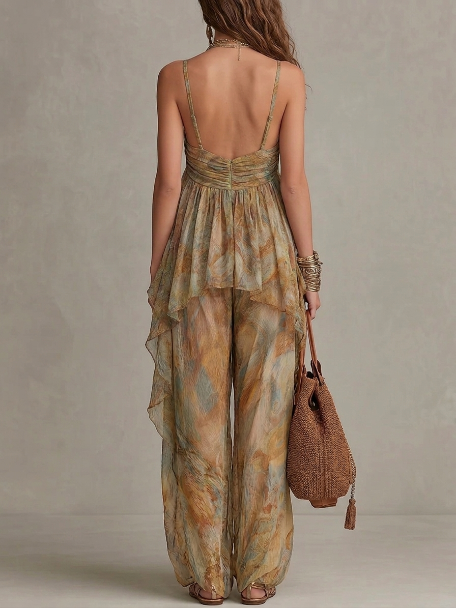 Sienna | Chiffon Ruffled Camisole and Wide-leg Trousers Set