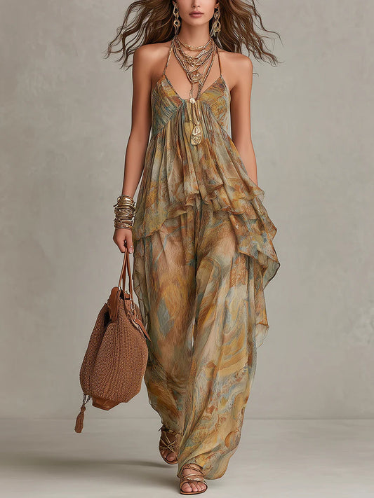 Sienna | Chiffon Ruffled Camisole and Wide-leg Trousers Set