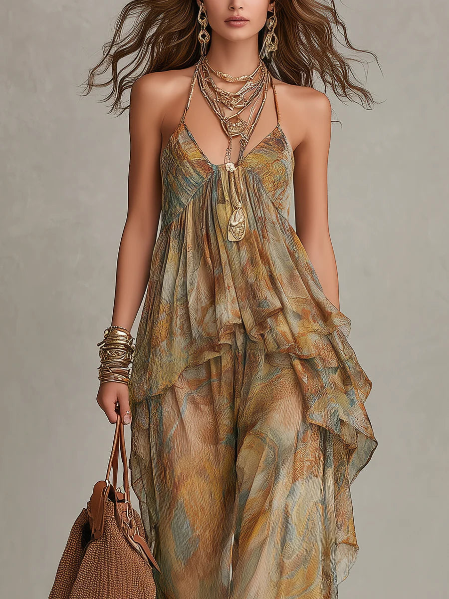 Sienna | Chiffon Ruffled Camisole and Wide-leg Trousers Set