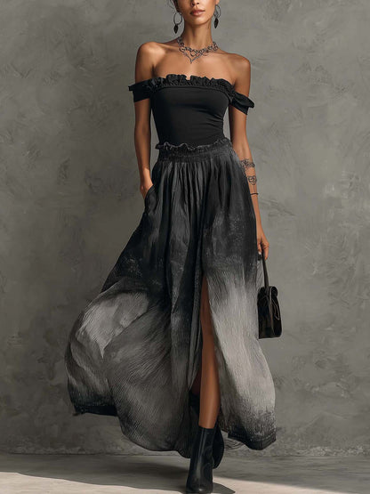 Serena | Off Shoulder Ruffle Top & Gradient Pleated Maxi Skirt Set