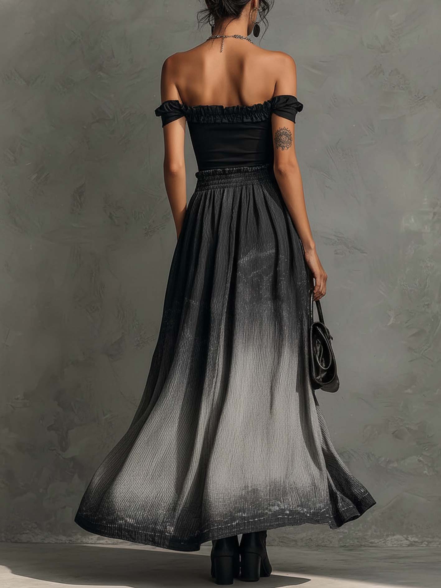Serena | Off Shoulder Ruffle Top & Gradient Pleated Maxi Skirt Set