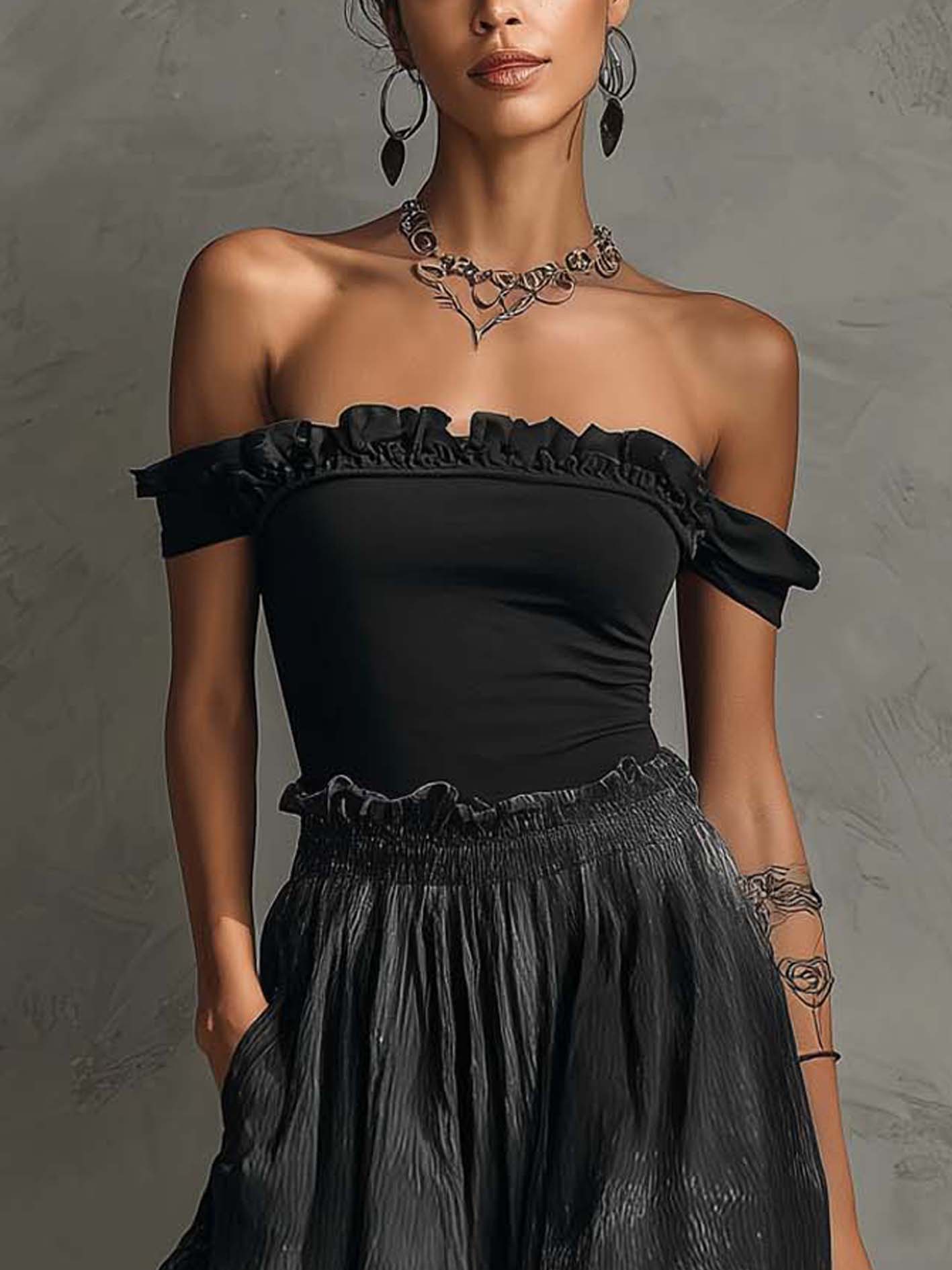 Serena | Off Shoulder Ruffle Top & Gradient Pleated Maxi Skirt Set