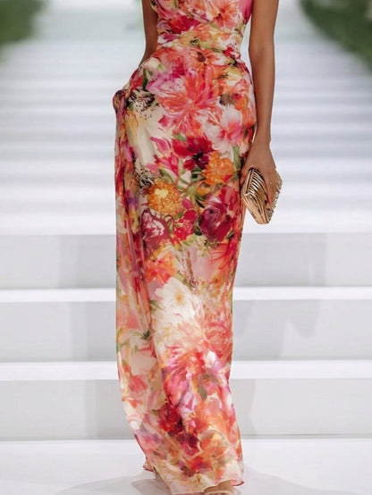 Fae | Red Chiffon Floral Sleeveless Maxi Dress
