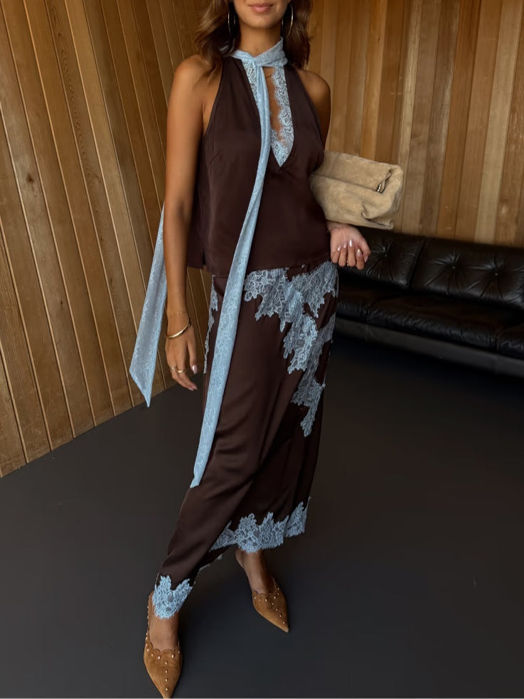 Isabella | Lace Panel Top and Skirt Suit Set