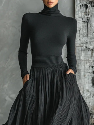 Samantha | All Black Turtleneck and Pleated Skirt Set