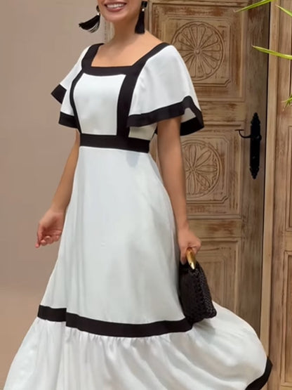 Women'S Casual Contrast Color Square Neck Short Sleeve Patchwork Dress