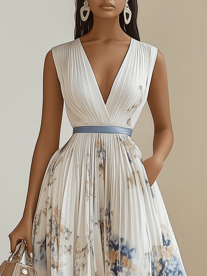Chloe | White Floral Chiffon V-Neck Pleated Midi Dress