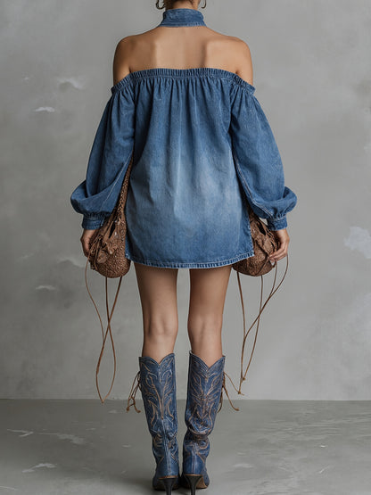 Elise | Off Shoulder Short Denim Jumpsuit