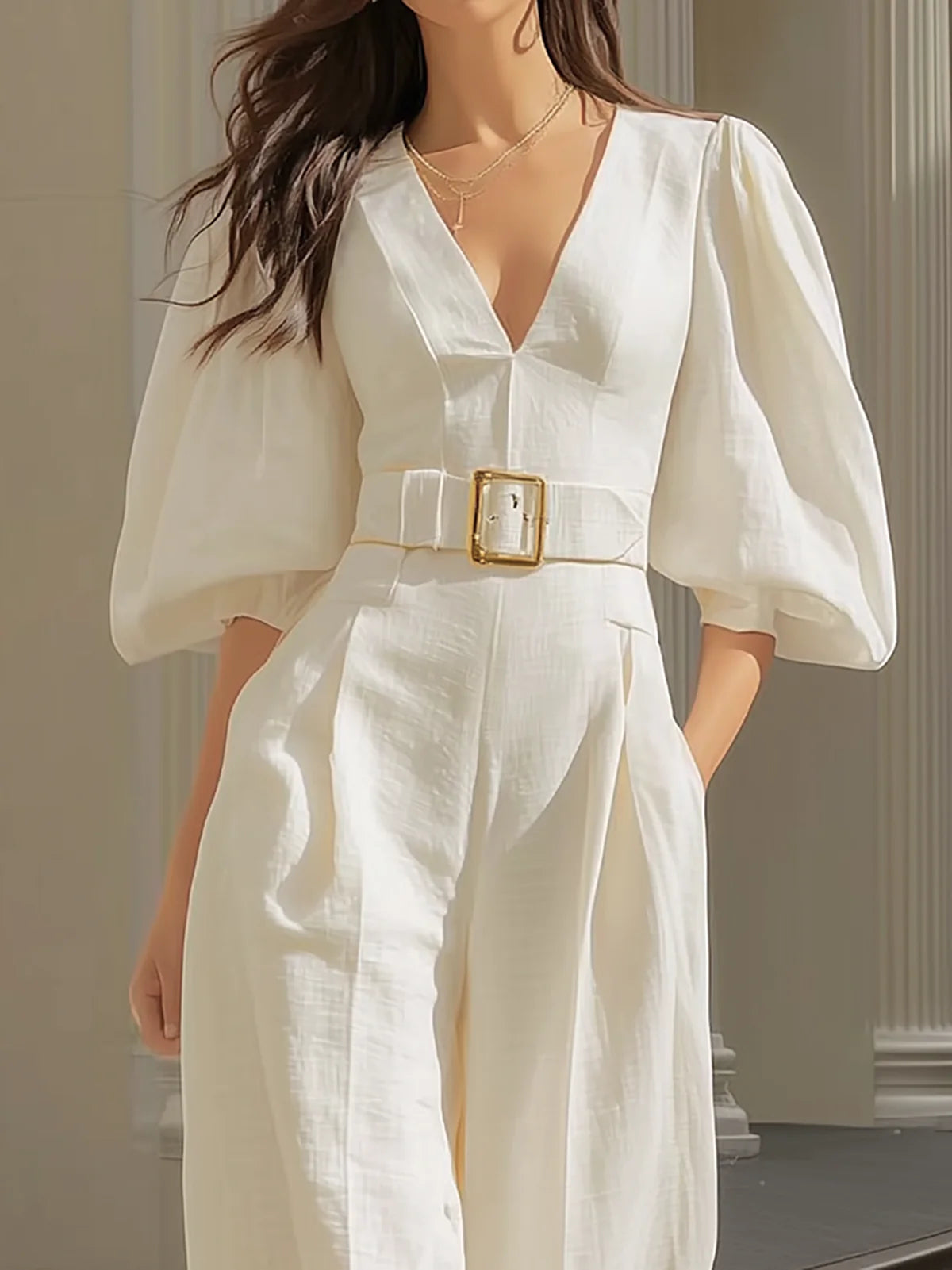 Isabella | V-neck Lantern Sleeve Jumpsuit