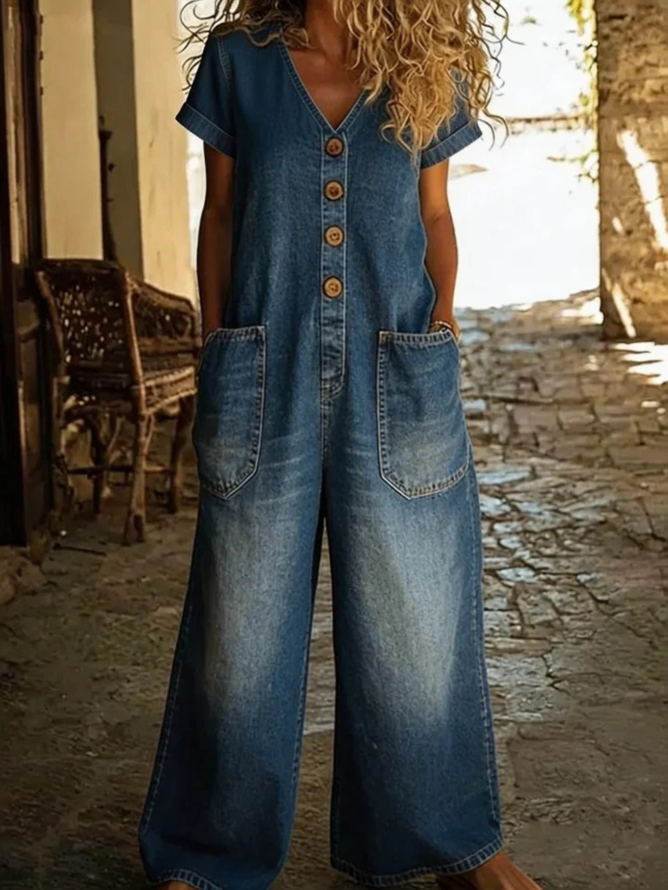Karen | Retro Button Down Denim Jumpsuit