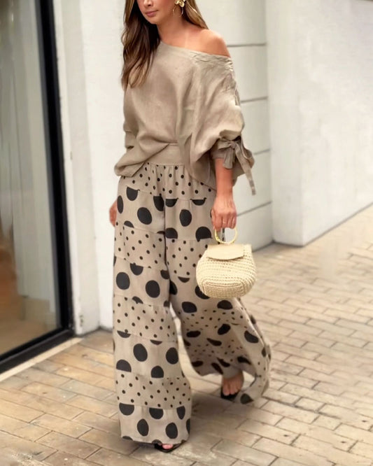 Samantha | Casual Shoulder Top & Printed Trousers Set