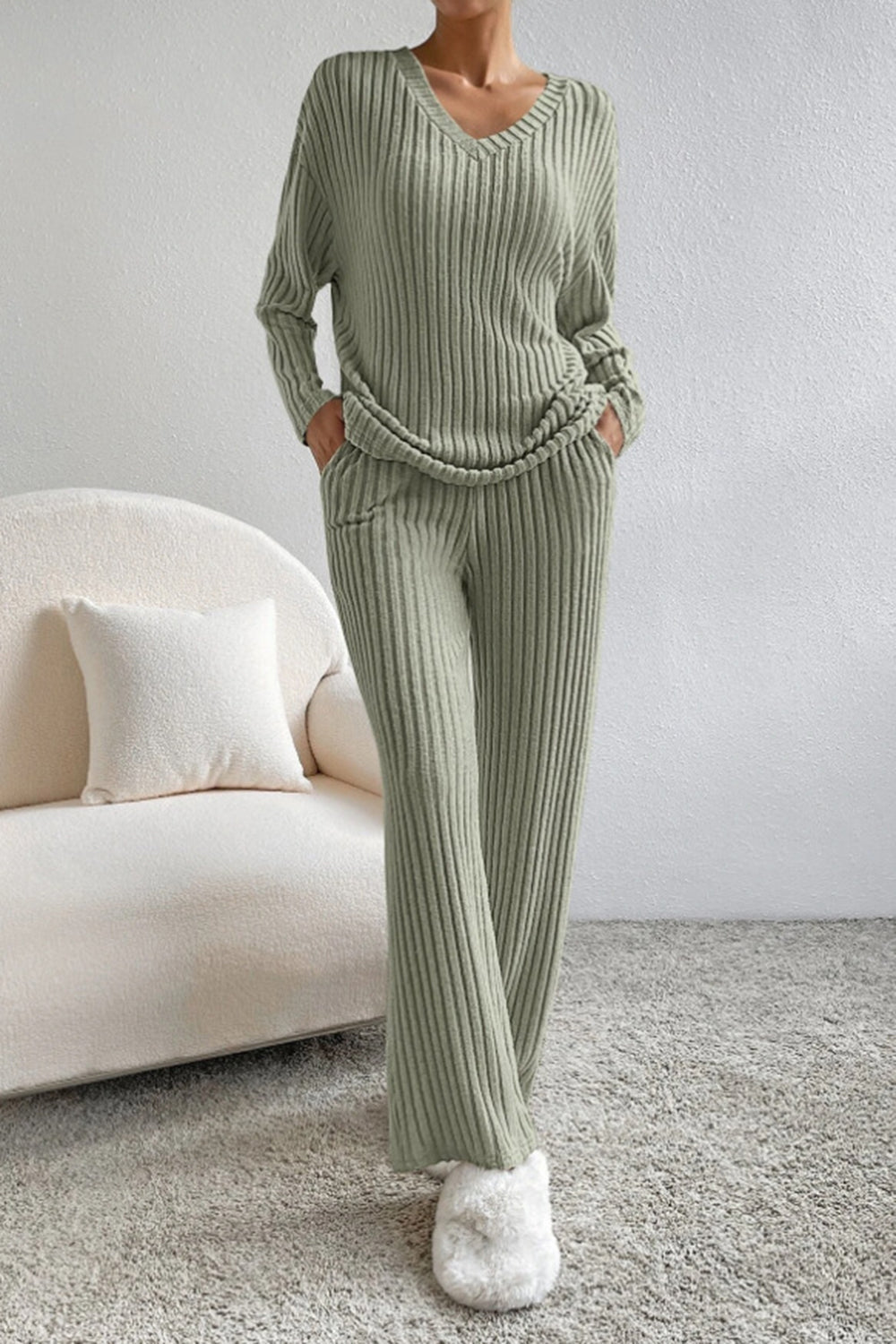 Sofia | Ribbed V-Neck Top and Trousers Set