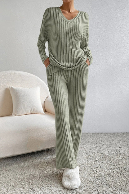 Sofia | Ribbed V-Neck Top and Trousers Set