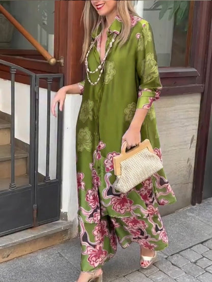 Loose And Cozy Floral-print Long Shirt And Pants Two-piece Set