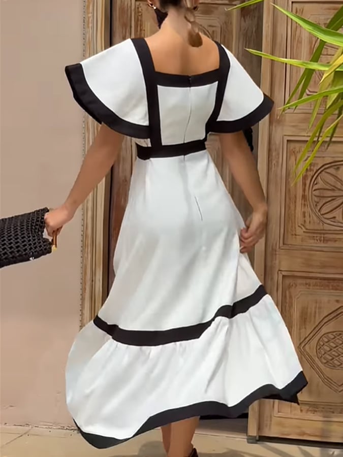 Women'S Casual Contrast Color Square Neck Short Sleeve Patchwork Dress