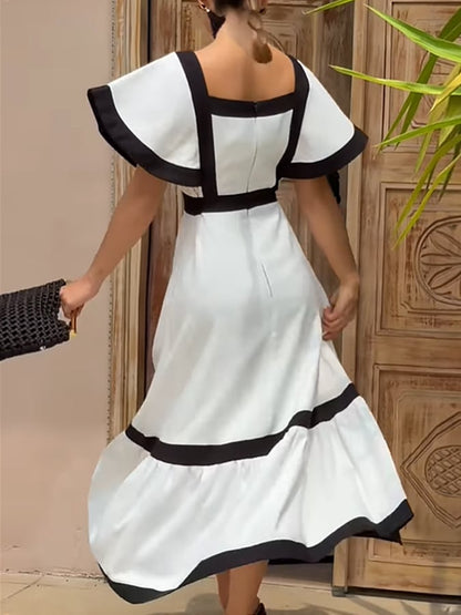 Women'S Casual Contrast Color Square Neck Short Sleeve Patchwork Dress