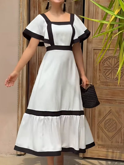 Women'S Casual Contrast Color Square Neck Short Sleeve Patchwork Dress