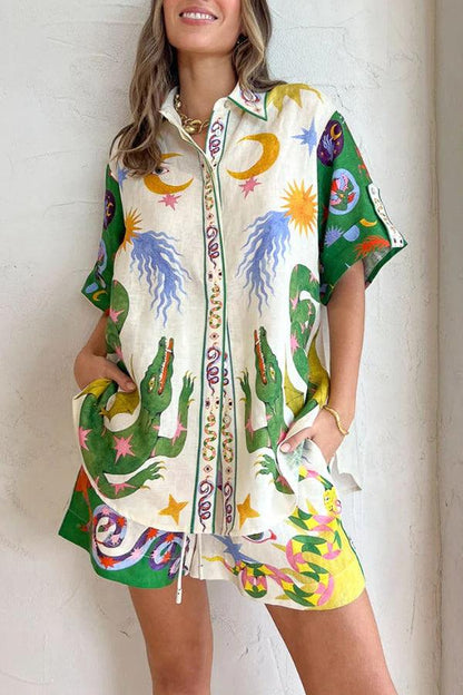 Heavenly | Print Blouse and Pocketed Shorts Set