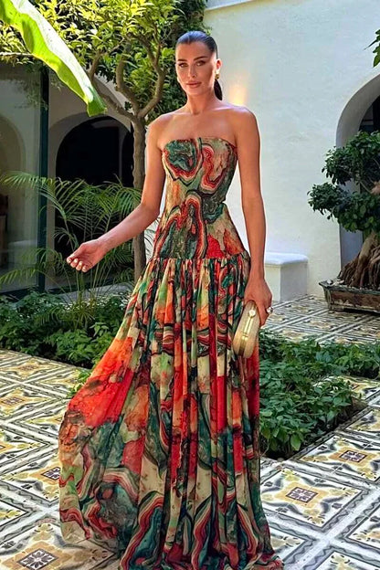 Damen Trägerloses Maxikleid mit gerafftem Rock und Muster