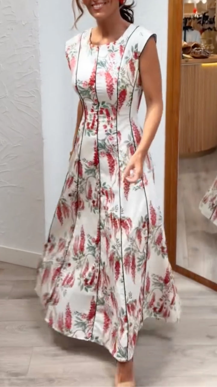 Women's Round Neck Rattan Flower Print Sleeveless Maxi Dress
