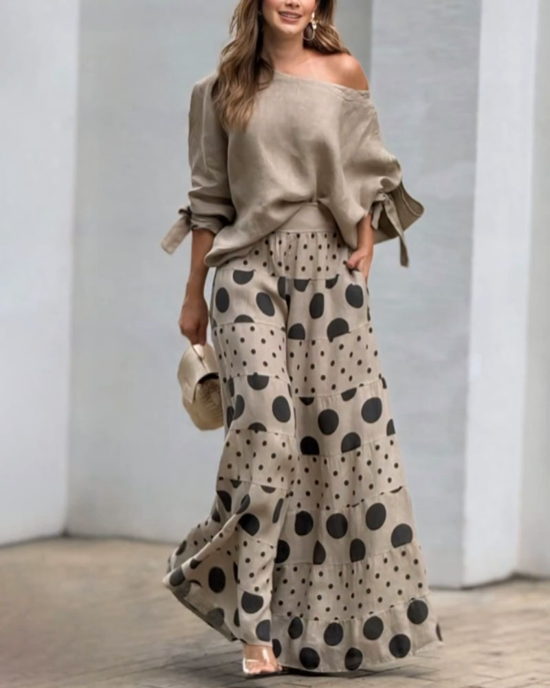 Samantha | Casual Shoulder Top & Printed Trousers Set