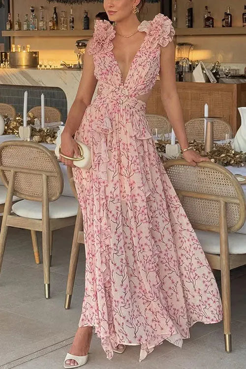 Deep V Neck Sleeveless Cut Out Floral Print Ruffle Maxi Dress