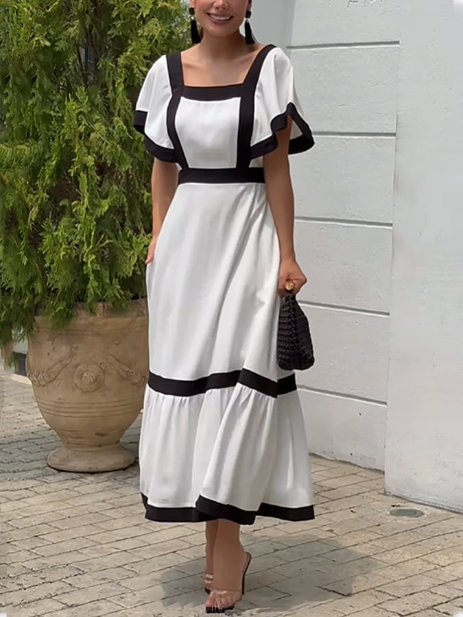Women'S Casual Contrast Color Square Neck Short Sleeve Patchwork Dress